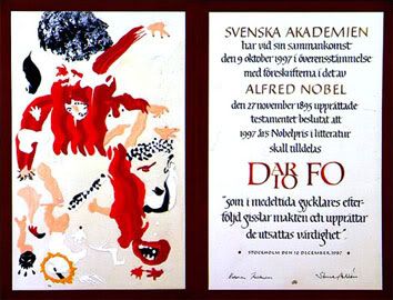 Dario Fo (1997); umjetnik Bo Larsson, kaligrafija Annika Rcker