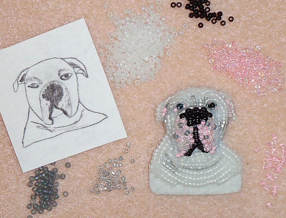 bead embroidery white American Bulldog art beaded painting etsy seed beads