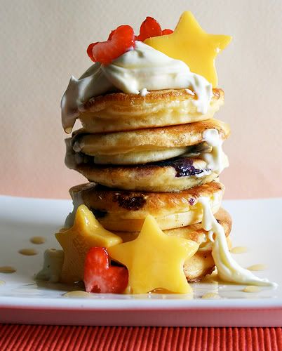 Mini Blueberry Pancakes with Mango Stars & Strawberry Hearts Pictures, Images and Photos