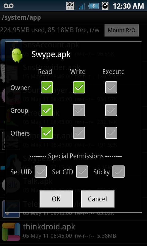 hit ok, and make sure the Swype. apk has this underneath: rw-r--r--